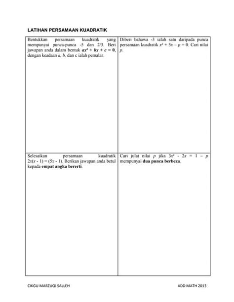 Matematik Tambahan Persamaan Kuadratik Pdf