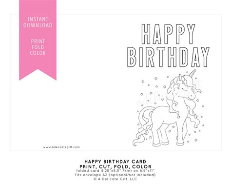 Printable Happy Birthday Card Unicorn Instant Download Diy Coloring Page Print And Color Etsy