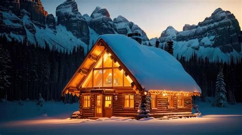 Premium AI Image | A log cabin in the snow with the lights on.