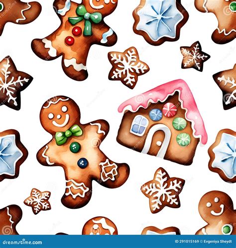 Seamless Pattern Of Watercolor Gingerbread Christmas Gingerbread