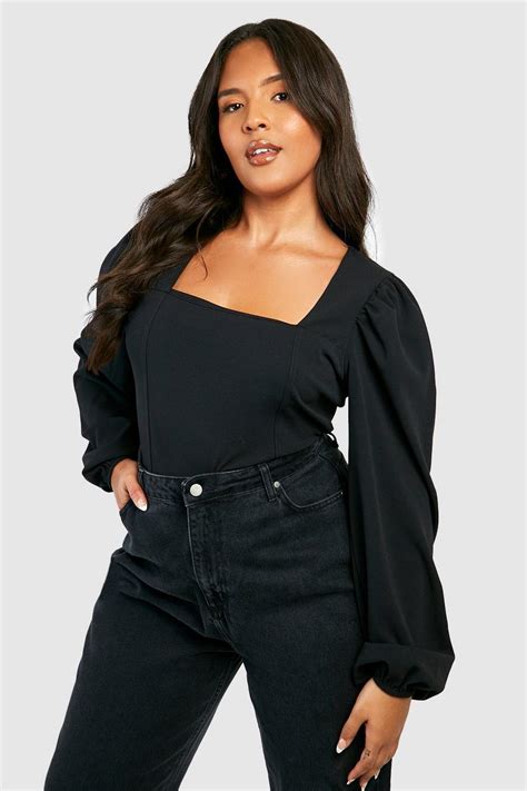 Womens Black Plus Square Neck Long Sleeve Corset Top Boohoo Uk