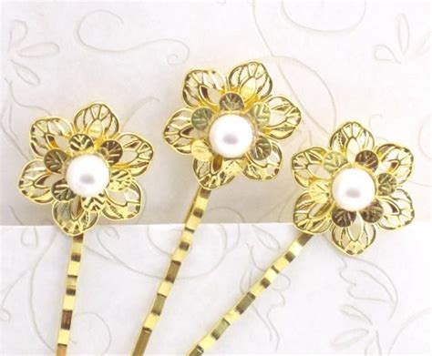 Pearl Gold Flower Wedding Hair Pins Bridal Bobby Pins Set Of 3