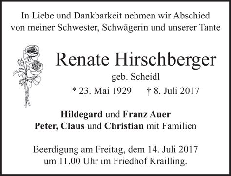 Traueranzeigen Von Renate Hirschberger Trauer Merkur De