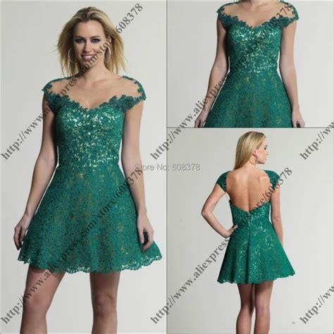 2014 New Arrival Short Sleeve Prom Dress Emerald Green Lace Short