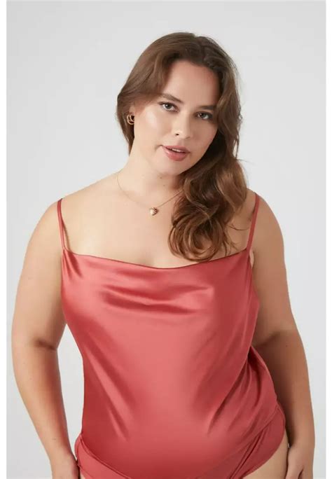 Buy Forever Plus Size Satin Cowl Neck Bodysuit Online Zalora