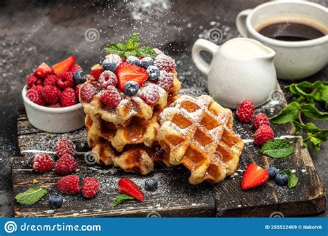 Belgian Waffles With Raspberries Strawberries And Blueberries Sugar