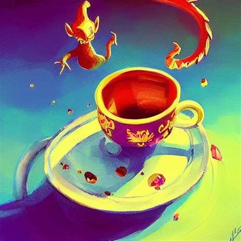 Tiny Jeweled Dragon Sitting In A Teacup Painting By Stable Diffusion