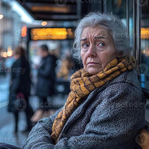 Senior woman sitting on a bench at a bus stop, watching people pass by