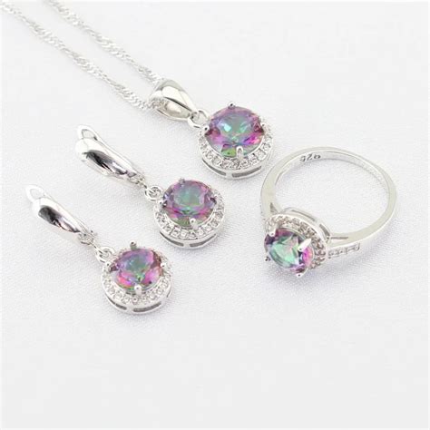 Multicolor Rainbow White Cubic Zirconia Silver Color Jewelry Sets For