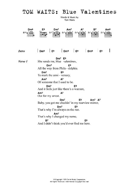 Blue Valentines By Tom Waits Sheet Music For Guitar Chords Lyrics At Sheet Music Direct