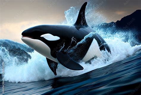 Killer Whale Jumping Out Of The Water Into The Sea Generative Ai Stock