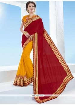 Buy Urbane Mustard And Red Patch Border Work Faux Chiffon Designer Half