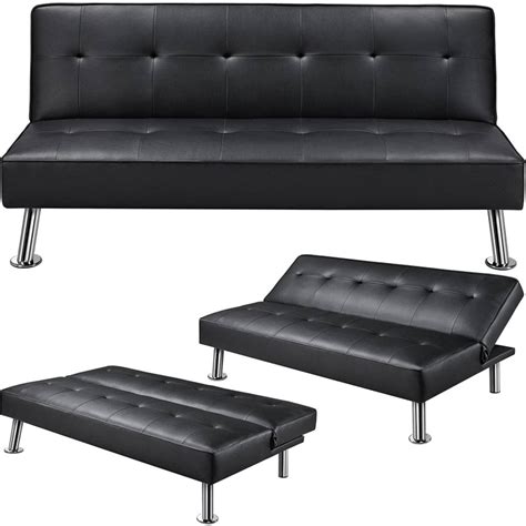 Black Faux Leather Click Clack Adjustable Futon Sleeper Sofa