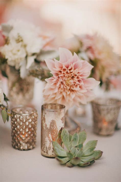 Dahlias Succulents And Mercury Glass Wedding Centerpieces Deer Pearl Flowers