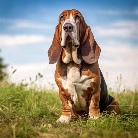 Basset Hound Dog Sitting On The Green Meadow In A Summer Green Field