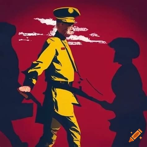 Propaganda Poster With Marching Army In Purple And Yellow Uniforms And