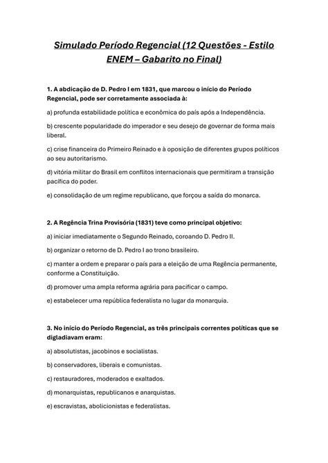 Questoes Sobre O Periodo Regencial - Simulado do Período Regencial no Brasil: Revisão e Questões (História ...