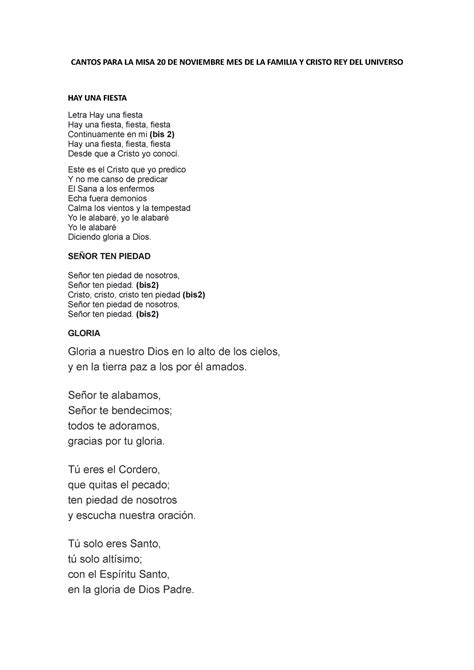 Cantos Para La Misa De Noviembre Mes De La Familia Y Cristo Rey Del