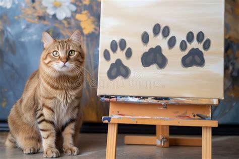 Katze Neben Einem Aal Mit Pfotenabdruck Auf Leinwand Stockfoto Bild