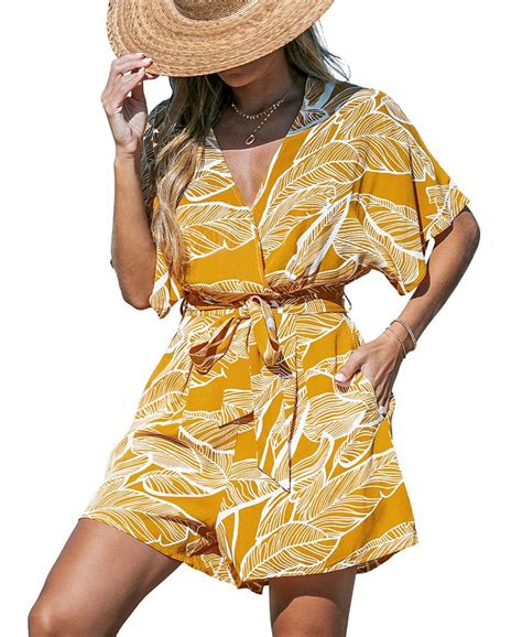 Cupshe Womens Yellow Palm Leaf Tie Waist Romper Macys