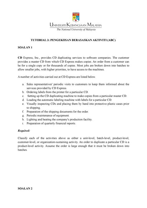 Tutorial 3 Abc Q Tutorial 3 Pengekosan Berasaskan Aktiviti Abc Soalan 1 Cd Express Inc