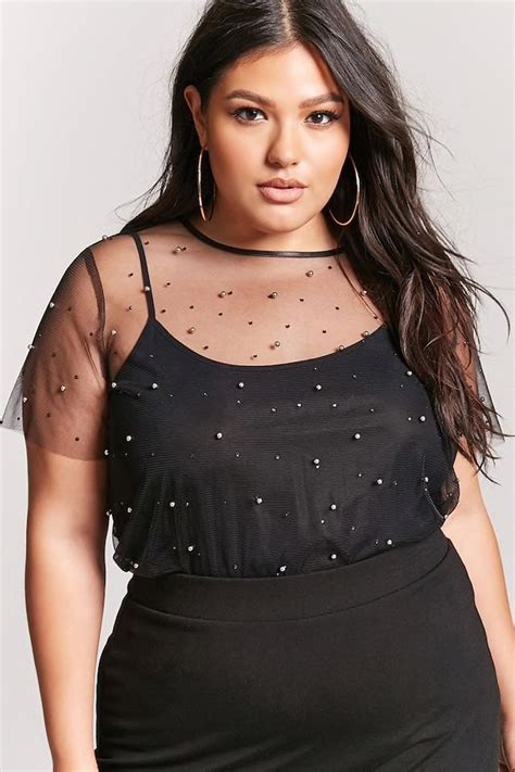 Plus Size Embellished Mesh Top Monochromatic Fashion Black Mesh Top