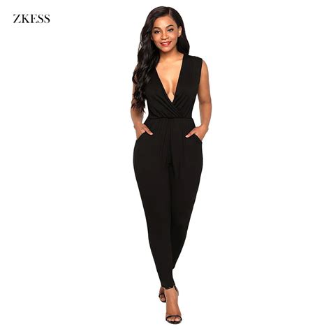 Zkess Women Black Deep V Neck Sleeveless Jumpsuits Sexy Skinny Full