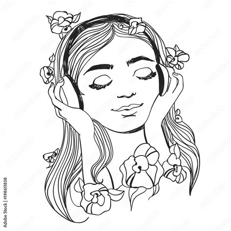 Beautiful young woman listening music with headphones. Vector black on ...