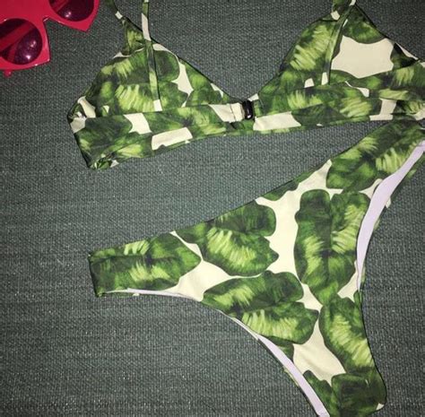 Palm Leaf Print Bikini Set White And Green Bikinis S Zaful