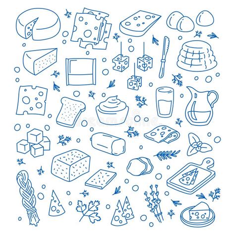 Vector Hand Drawn Cheese And Dairy Doodles Set Different Types Of