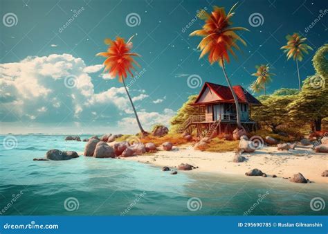 Tropical Bungalow On The Amazing Beach With A Palm Tree Stock Image