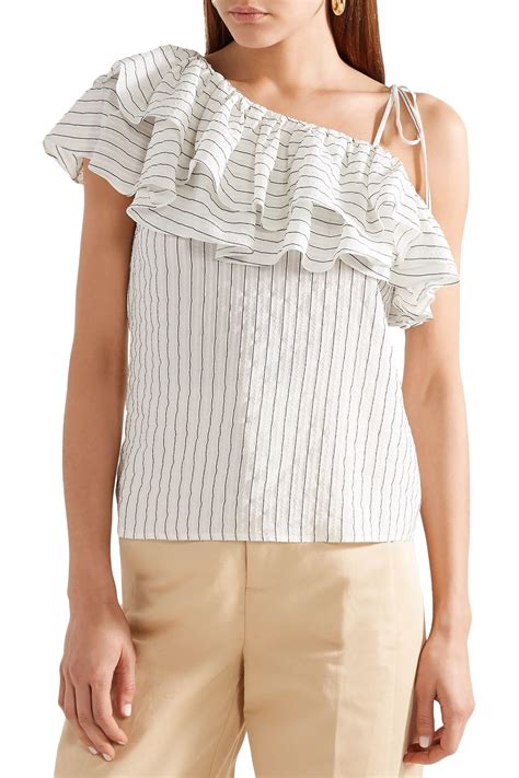 Ganni Wilkie Ruffled Striped Silk And Cotton Blend Seersucker Top Off