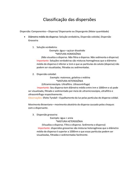 Classificação das disperções Classificação das dispersões Dispersão