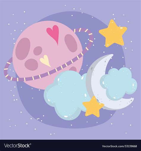 Cartoon saturn planet cloud half moon stars heart Vector Image