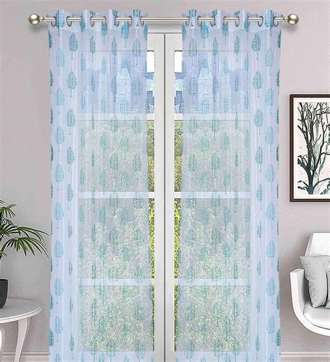 Buy Blue Floral Tissue Ft Semisheer Eyelet Door Curtains Set Of