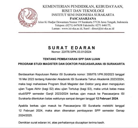 Surat Edaran Tentang Batas Pembayaran Spp Dan Ujian Semester Ganjil 20232024 Pascasarjana