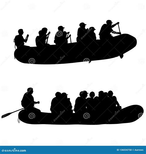 Silhouette Descent On A River Water Rafters On A White Background Stock