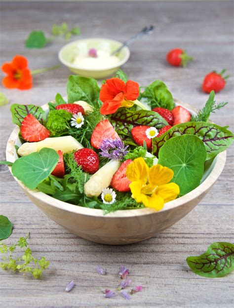 Sommersalat mit Blüten Wildkräuter salat Wildkräutersalat Spargel