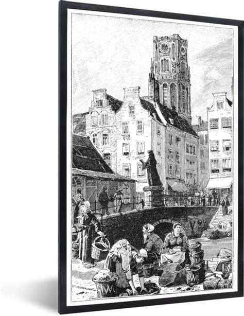 Fotolijst Incl Poster Zwart Wit Tekening Van De Grote Markt In