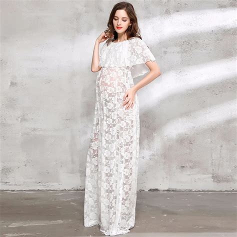 Puseky Maternity Dress Pregnancy Women Flower Lace See Through Layered