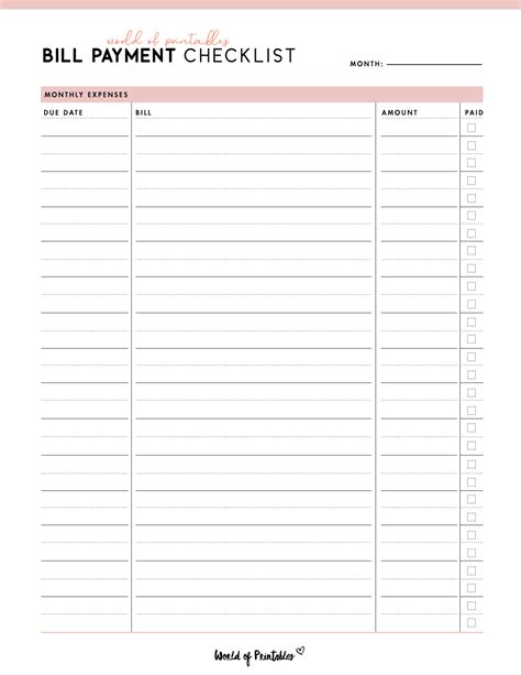 Monthly Bill Payment Checklist Pdf Templates Printable 2024