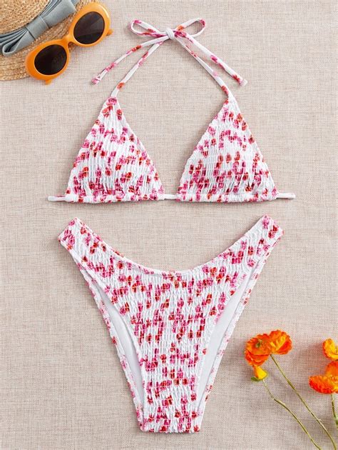 Shein Swim Mod Floral Smocked Triangle Bikini Set Shein Usa