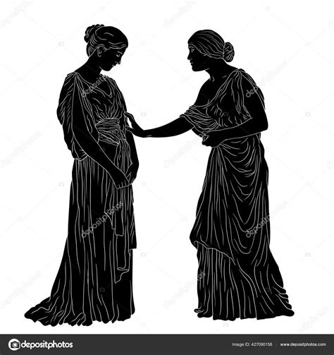 Two Young Ancient Greek Women Tunics Stand Talk Silhouette Isolated Stock Vector Image By