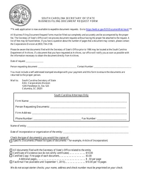 South Carolina Business Filing Document Request Form Fill Out Sign