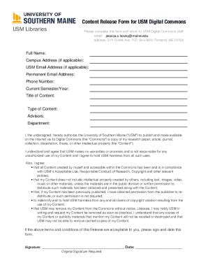 Fillable Online Usm Maine USM Content Release Form For Digital Commons