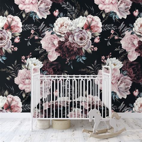 Black Floral Wallpaper Etsy