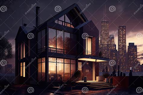 Warmly Lit Exterior Of Modern House With A View Of City Skyline Which Creates The Impression Of