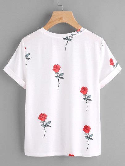 Shein Cuffed Sleeve Rose Print T Shirt Clothes Clothes For Women