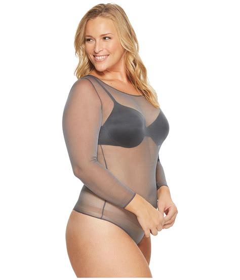 Spanx Cotton Plus Size Sheer Fashion Mesh Thong Bodysuit In Pewter Grey Gray Lyst