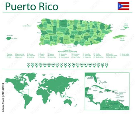 Puerto Rico detailed map and flag. Puerto Rico on world map. Stock ...